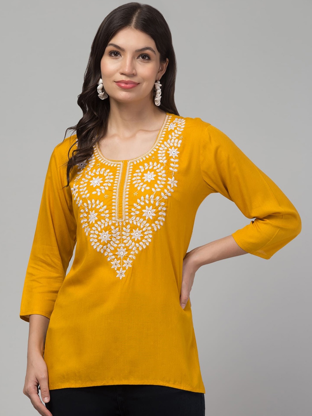 

FAMBEE Women Floral Embroidered Thread Work Thread Work Kurti, Mustard