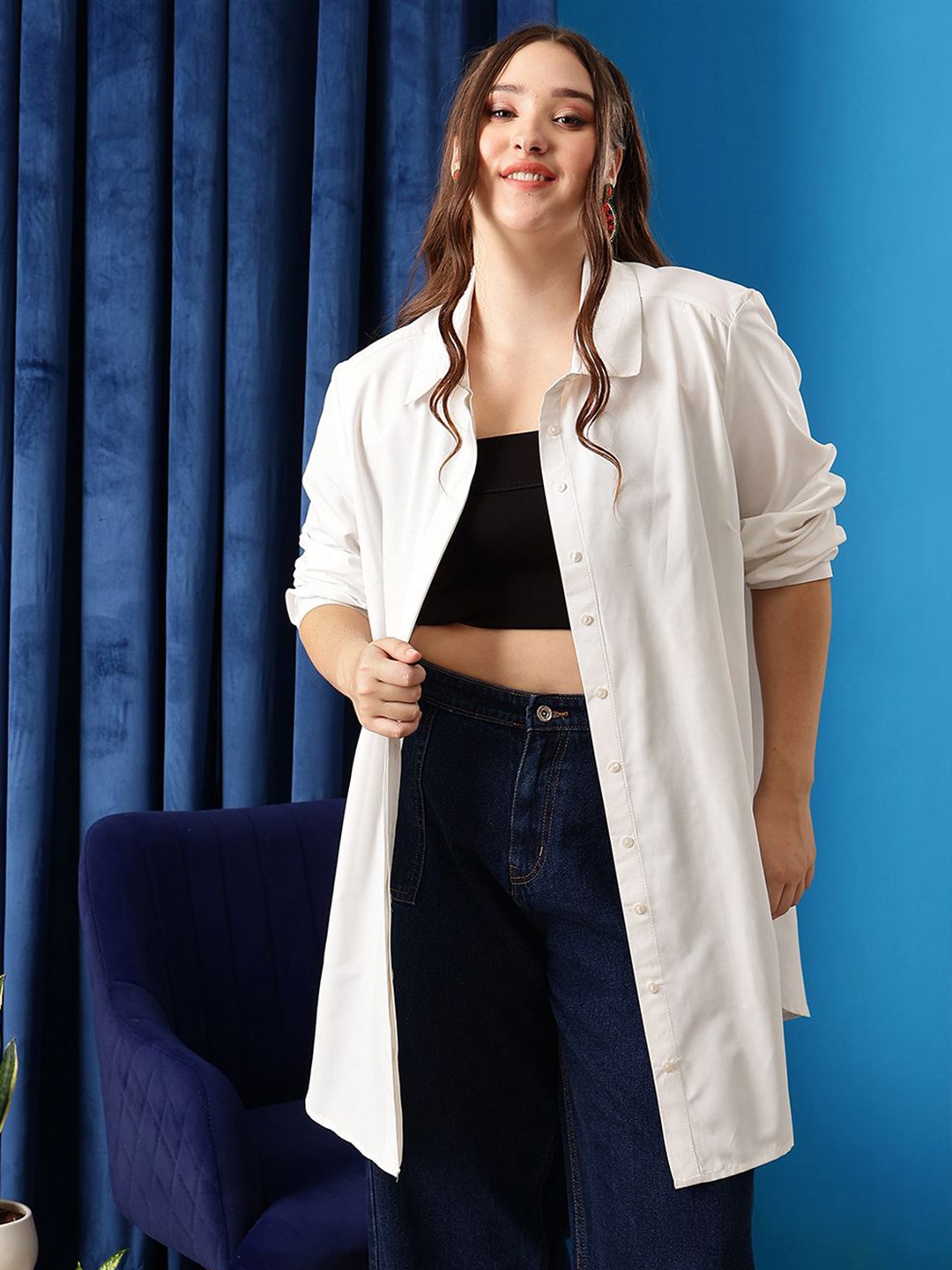 

CURVY STREET Women Plus Size Comfort Spread Collar Solid Cotton Casual Shirt, White