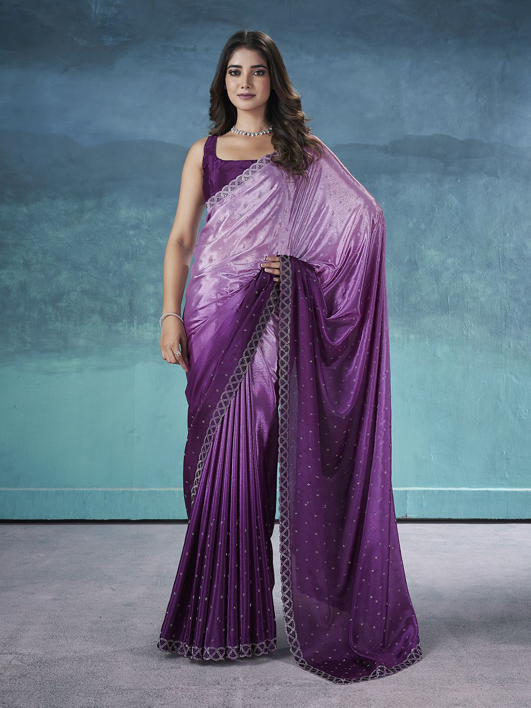 

Ethnielle Embellished Beads and Stones Saree, Lavender