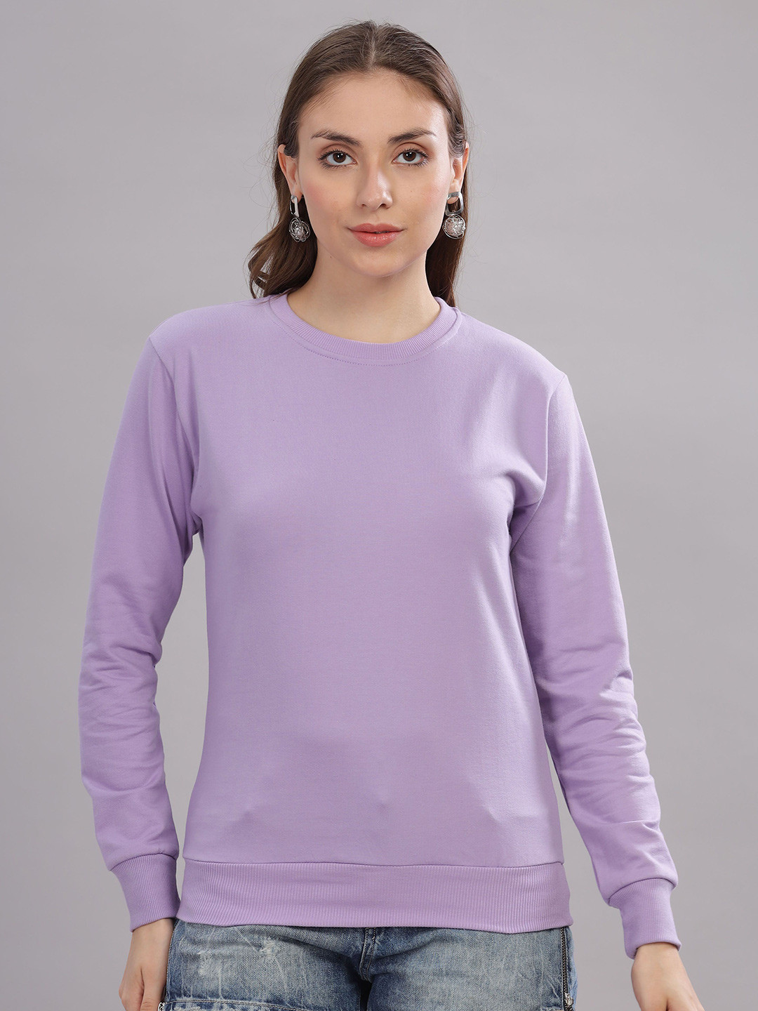 

FALTU.CO Women Solid Round Neck Pure Cotton Sweatshirt, Lavender