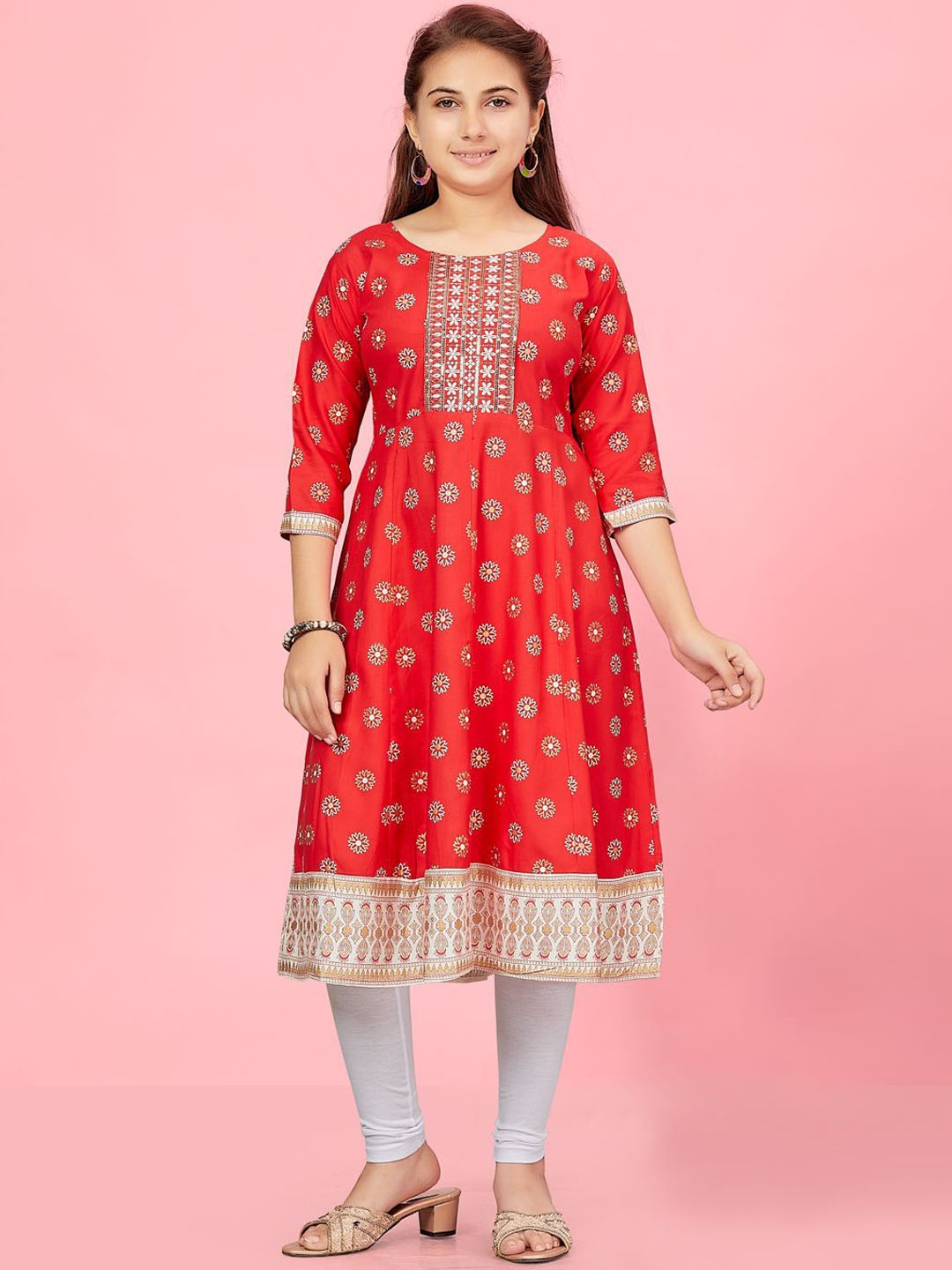 

BAESD Girls Cotton Ethnic Motifs Printed Sequinned Anarkali Kurta, Red