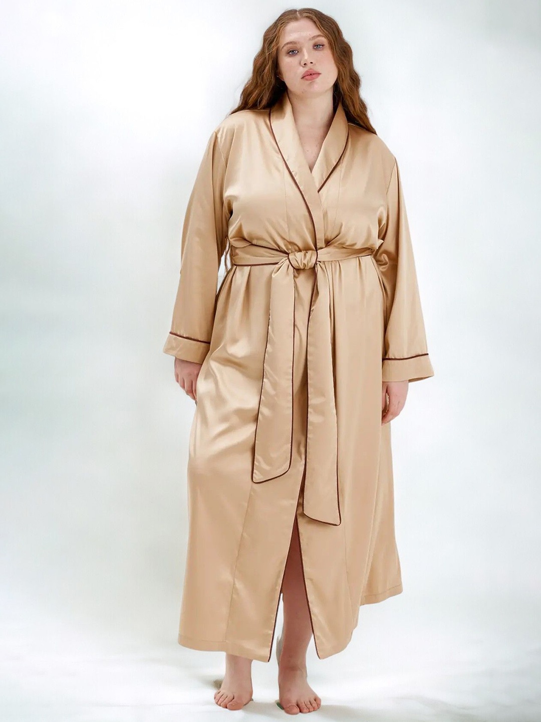 

Bella Babe by SK Satin Robe With Piping, Beige