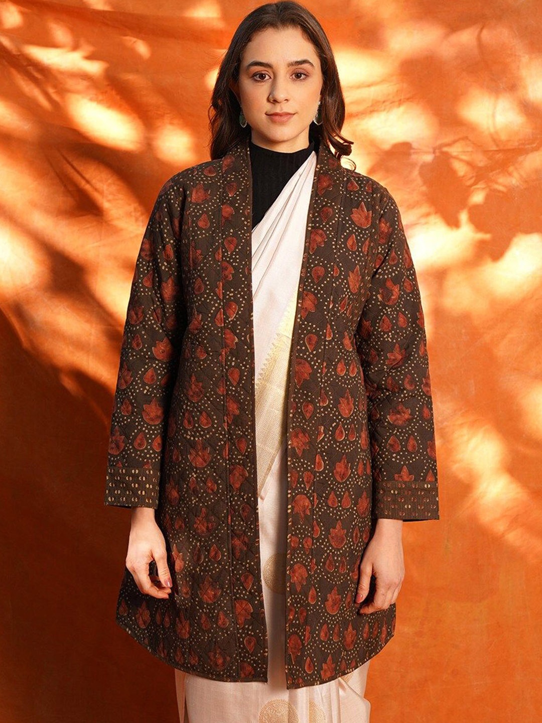 

JAYPORE Monisha Women Floral Embroidered Shawl Collar Longline Tailored Jacket, Brown