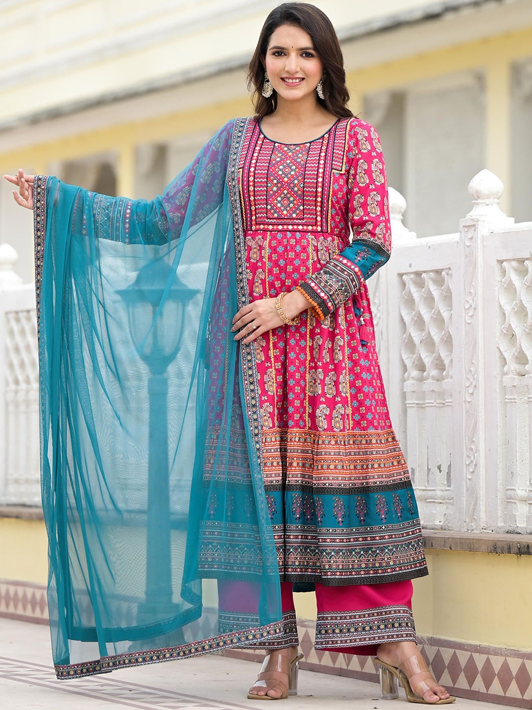 

Juniper Floral Printed Gotta Patti Anarkali Kurta with Palazzos & Dupatta, Fuchsia