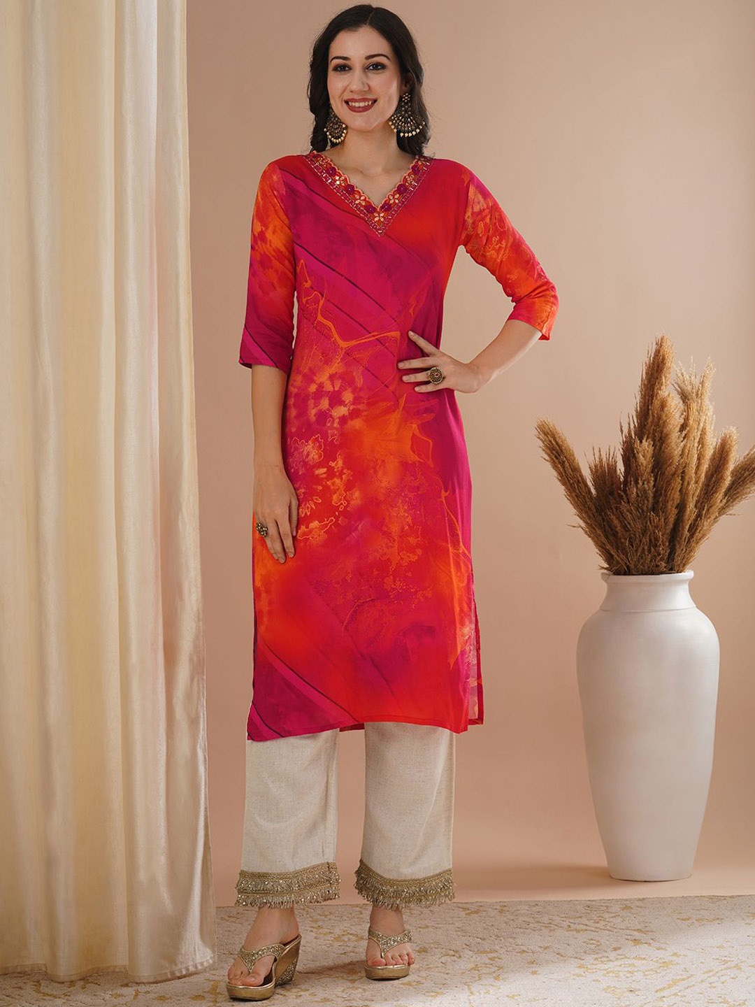

FASHOR Abstract Printed Mirror Work Straight Kurta, Pink