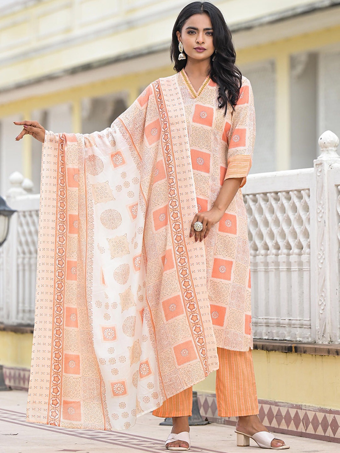 

Juniper Women Floral Printed Regular Sequinned Kurta with Trousers & With Dupatta, Peach