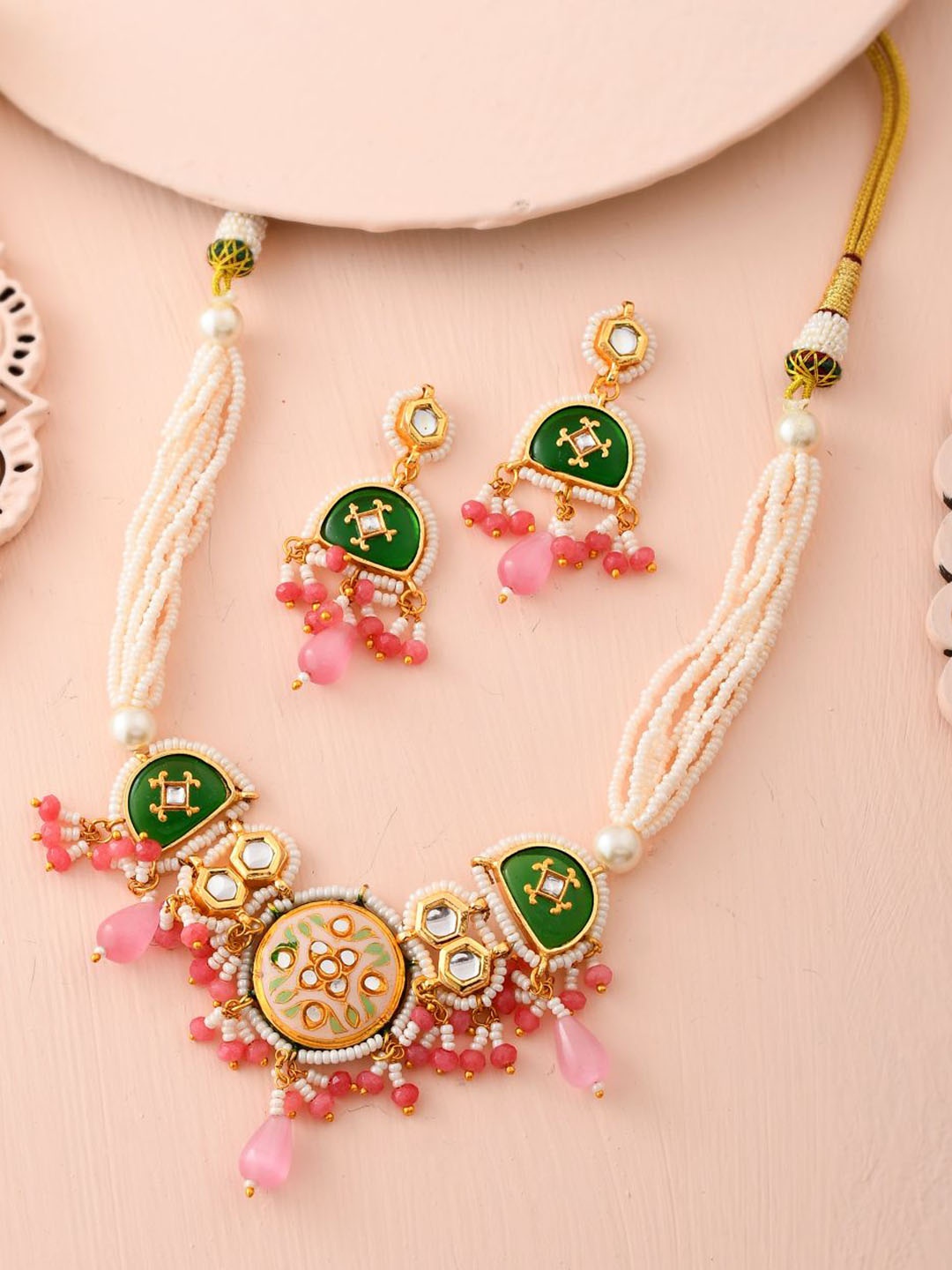 

DASTOOR Gold-Plated Artificial Beads Beaded Necklace Set, Pink