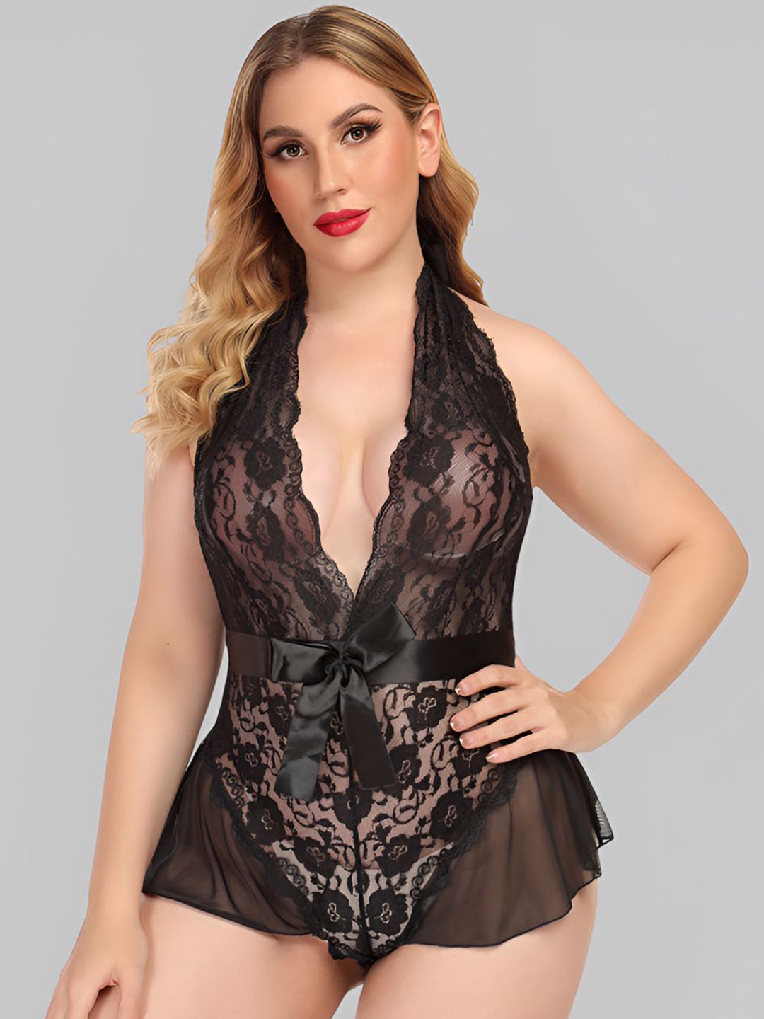 

Broiden Women Self Design Halter Neck Baby Doll, Black