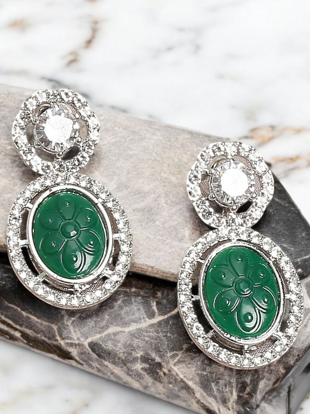 

OOMPH American Diamond Oval Drop Earrings, Green