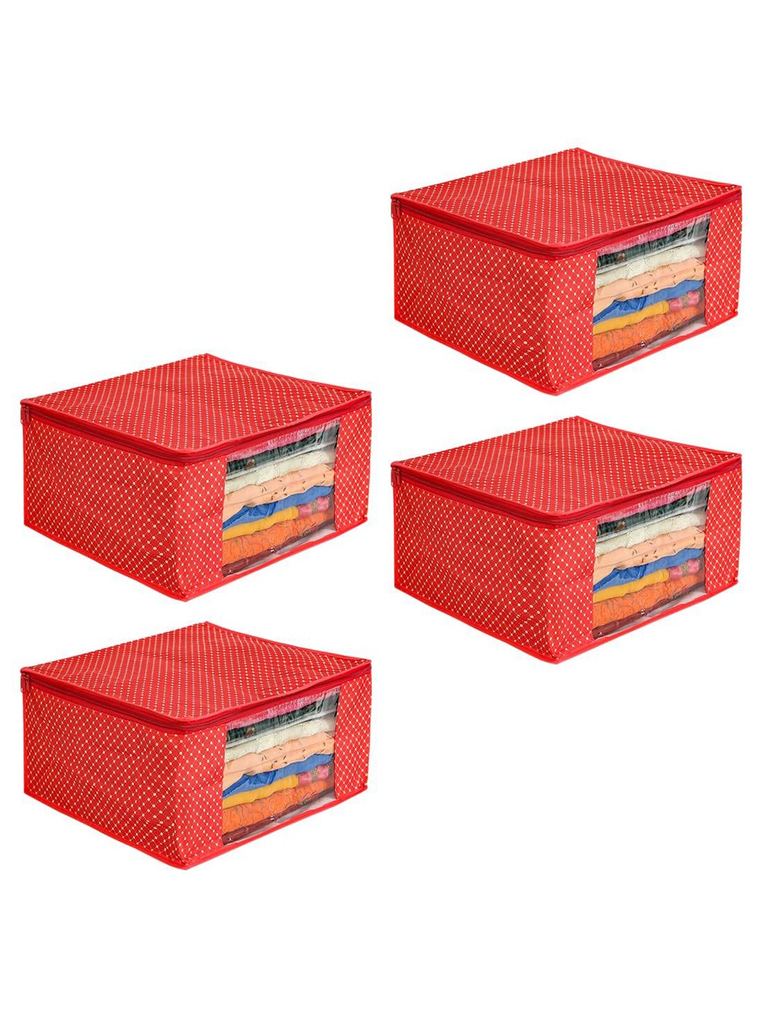 

prettykrafts Red & White 4 Pieces Printed Cotton Multi Utility Organisers