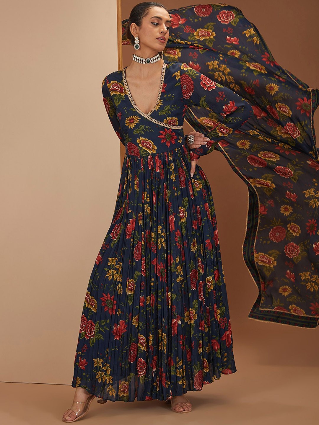 

neha khullar Women Floral Printed Handloom Anarkali Kurta, Blue