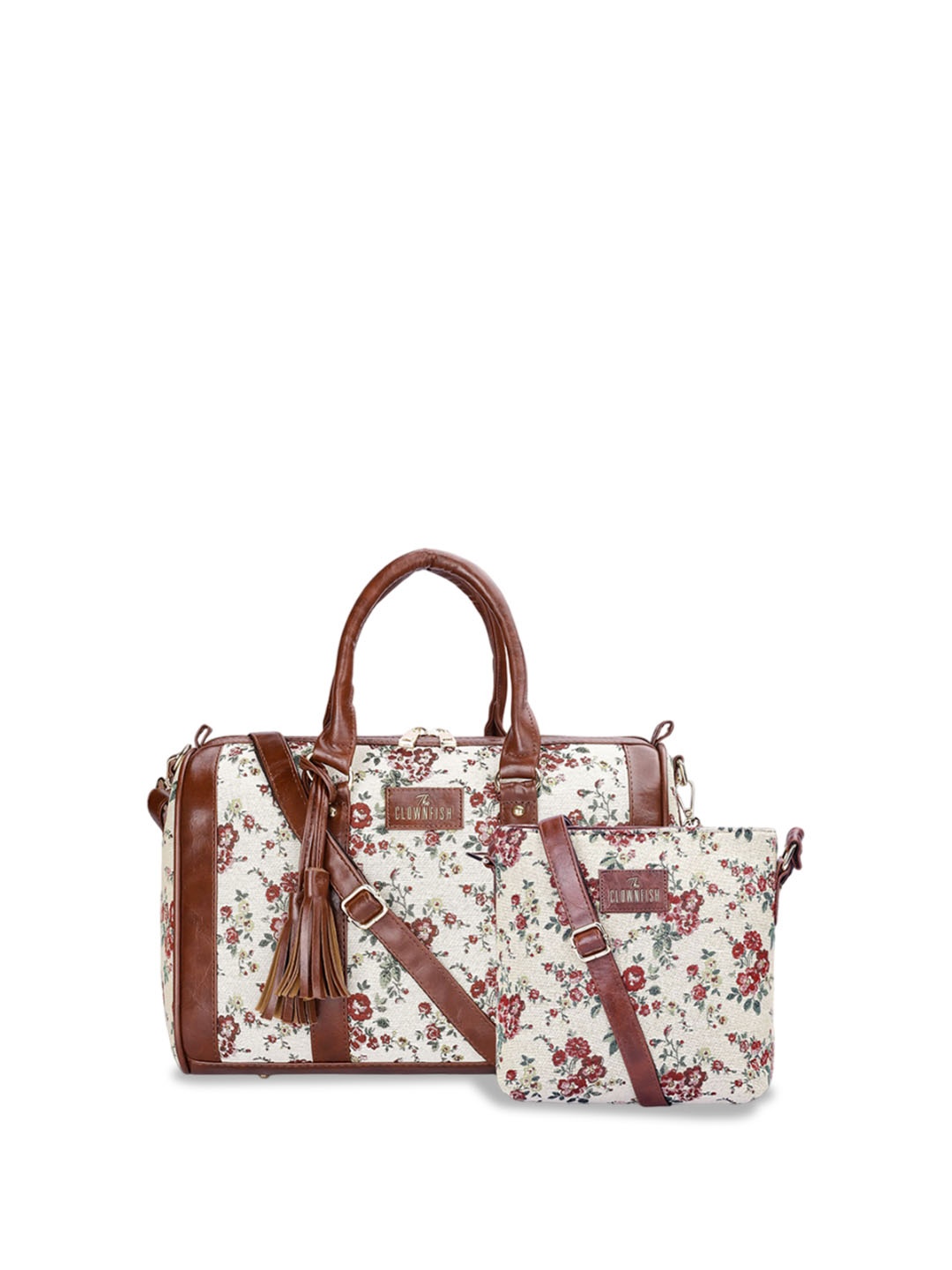 

THE CLOWNFISH Women Floral Printed Bucket Tote Bag with Tasselled, Brown