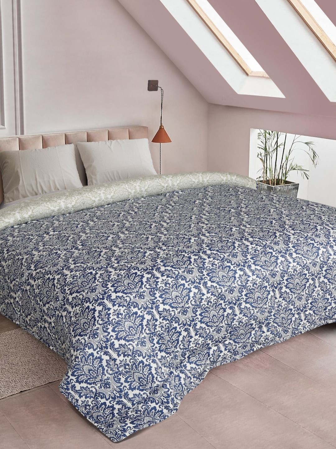 

ROSARA HOME Navy Blue and Grey Floral Cotton AC Room Reversible Blankets Quilts and Dohars