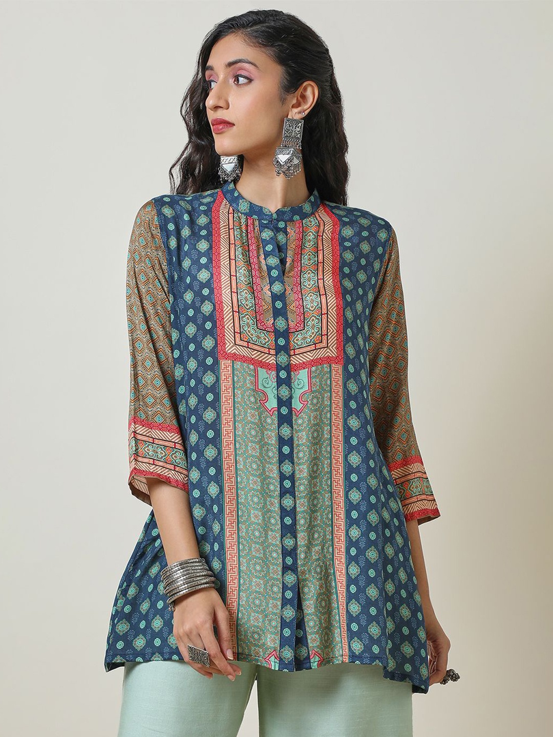 

Soch Women Ethnic Printed Mandarin Collar Tunic, Blue