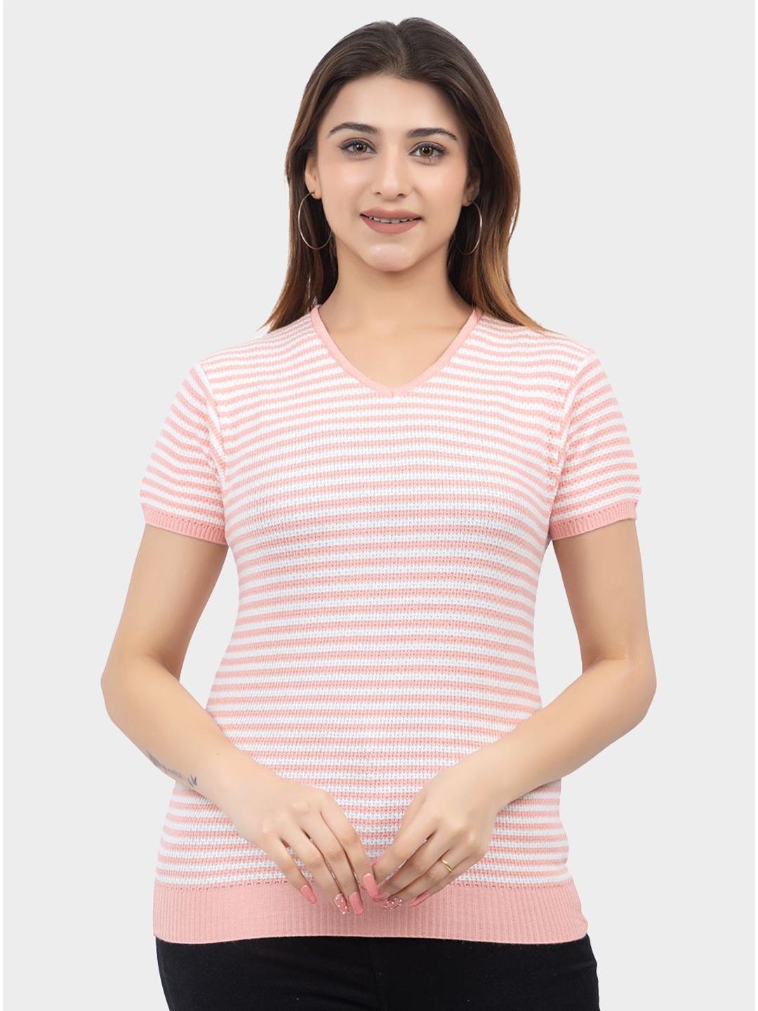 

LEZA Women Horizontal Striped V-Neck Cotton Top, Peach