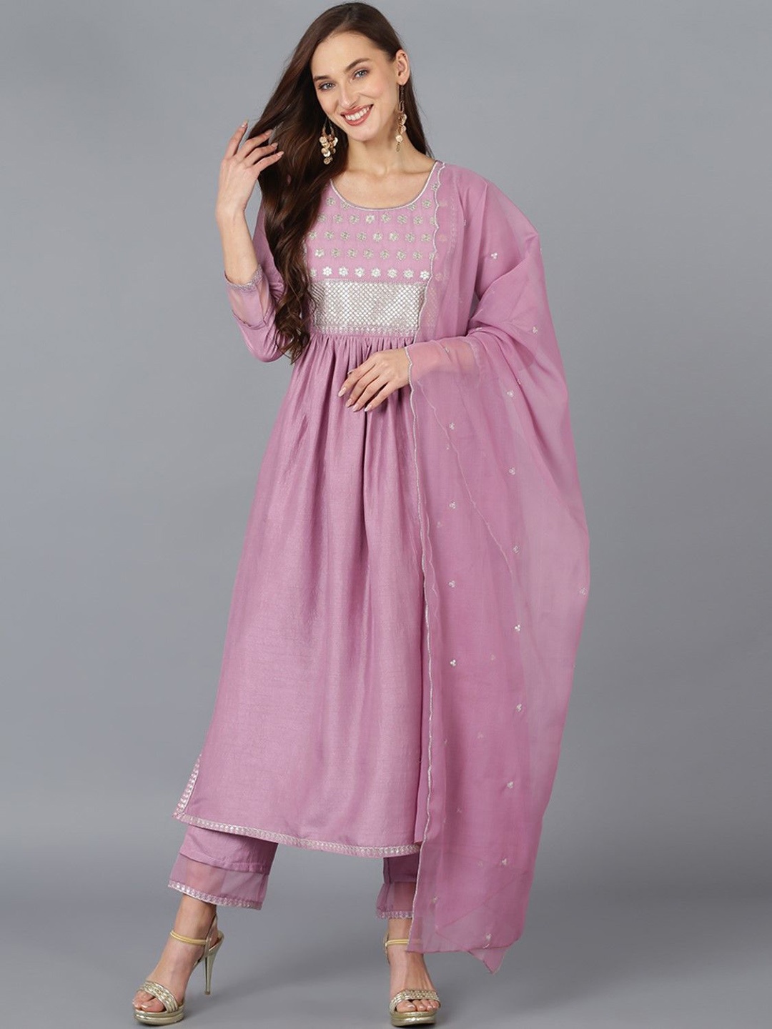 

KALINI Floral Embroidered Pleated Sequinned Straight Kurta with Trousers & Dupatta, Lavender