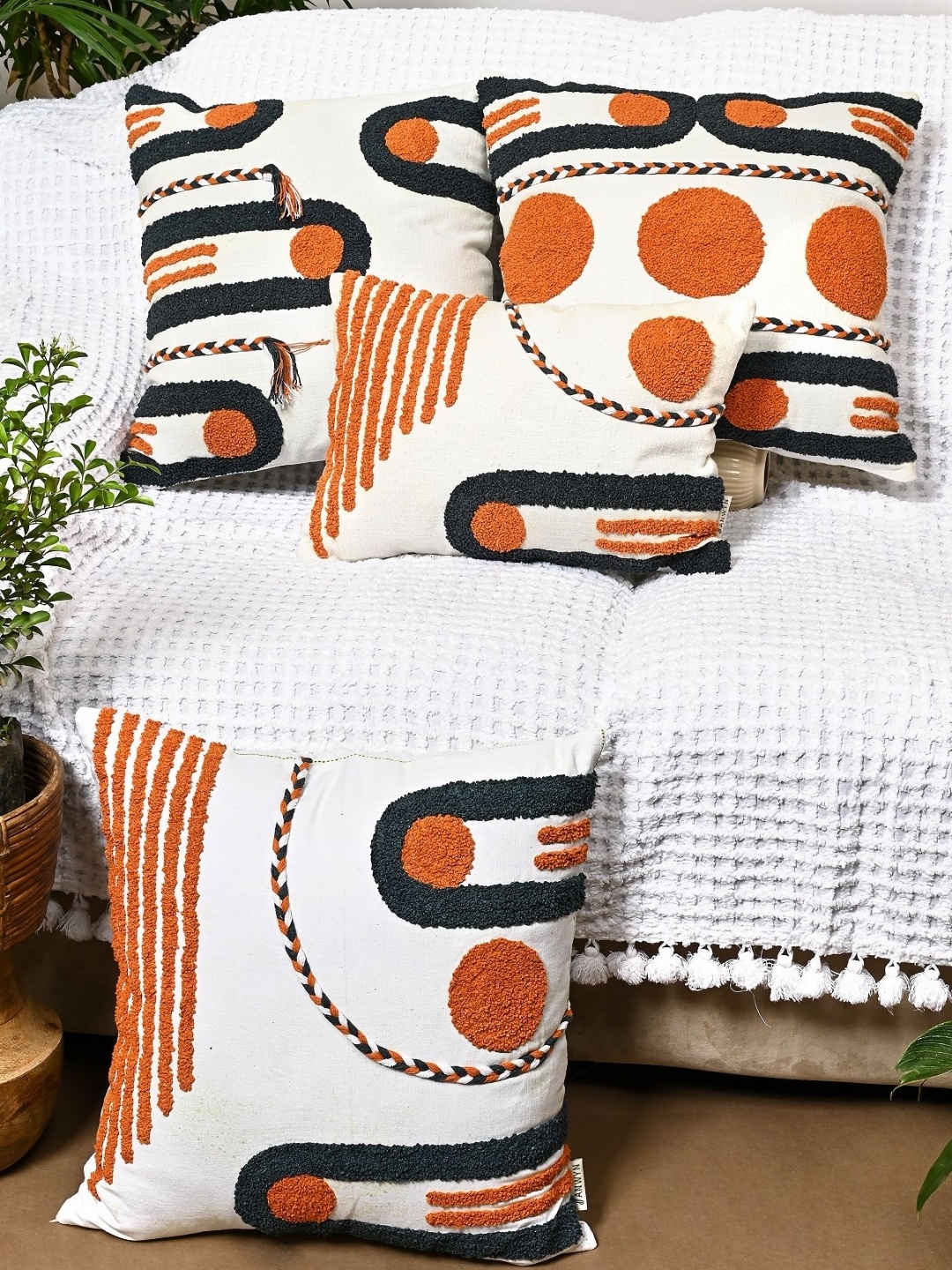 

ANWYN White & Orange 4 Pieces Embroidered Square Cushion Covers