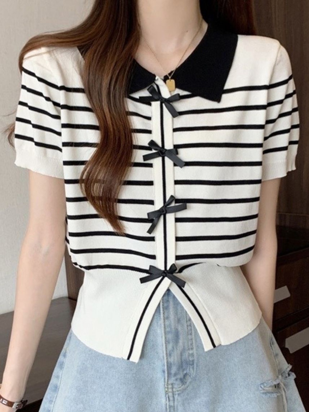 

StyleCast Women Horizontal Striped Shirt Collar Top, White