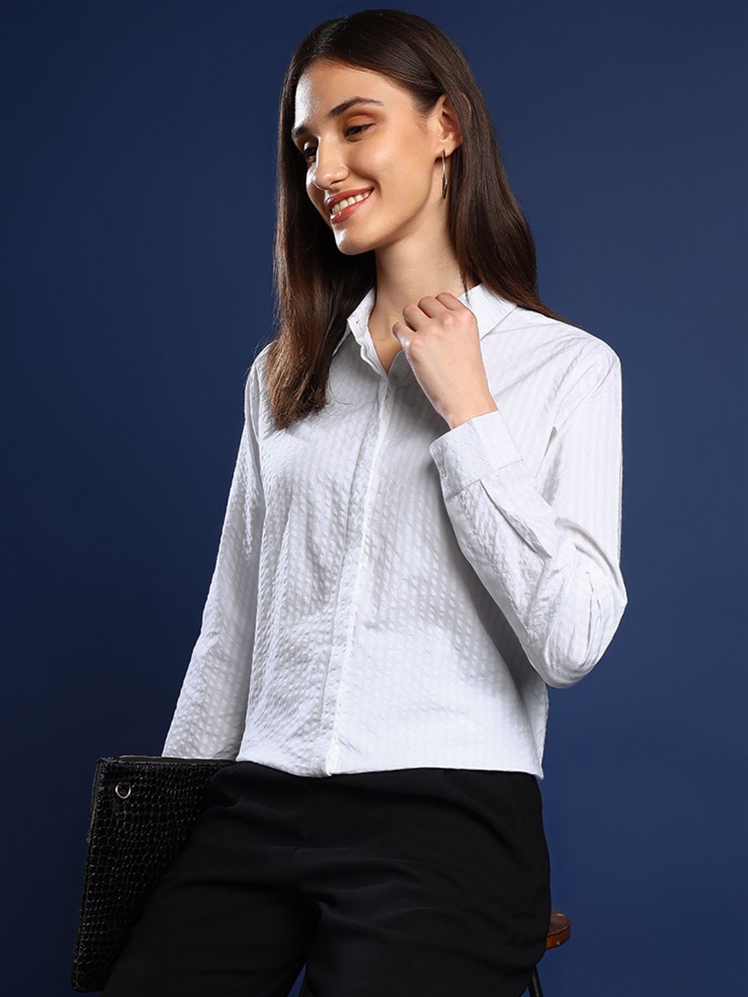 

Hancock Women Solid Opaque Seer Sucker Formal Shirt, White