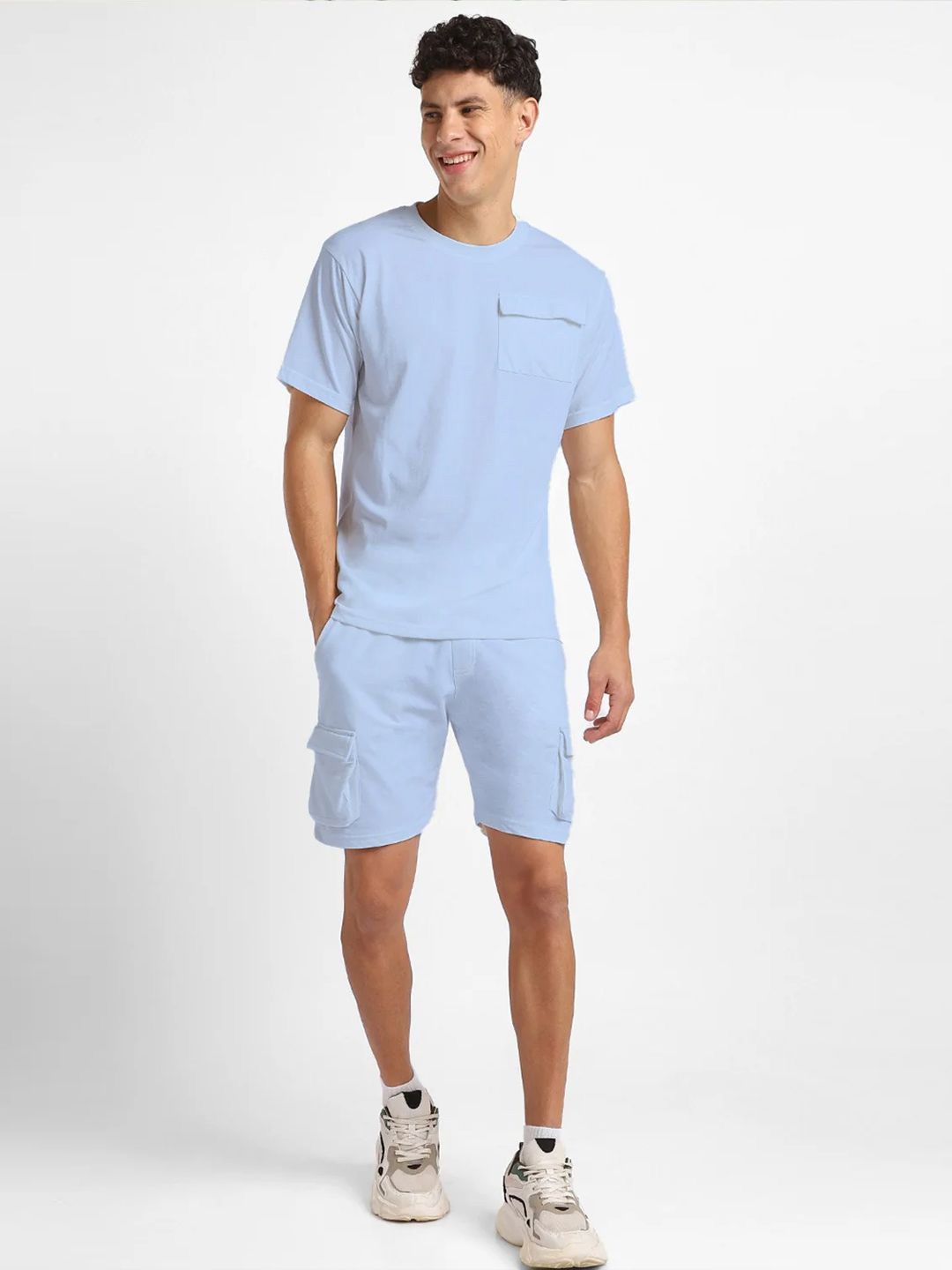 

NOBERO Pure Cotton Oversized T-Shirt With Shorts Co-ord Set, Blue