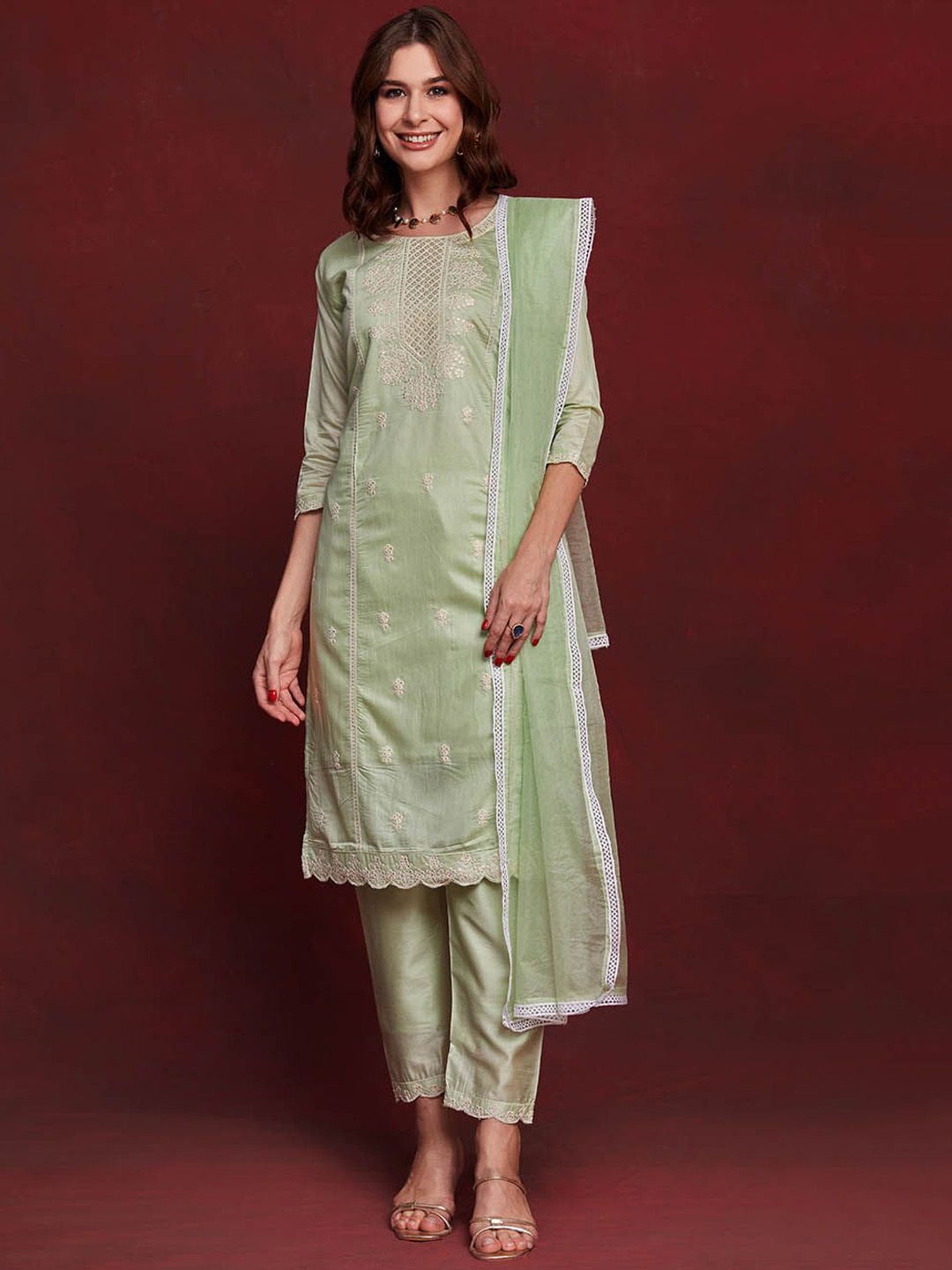 

KALINI Women Floral Embroidered Kurta with Trousers & With Dupatta, Green