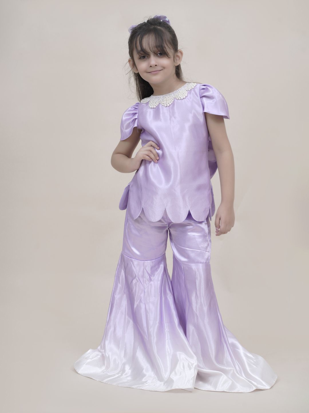 

Sangria Girls Mermaid Embellished Neck Line Top With Flared Palazzos, Lavender