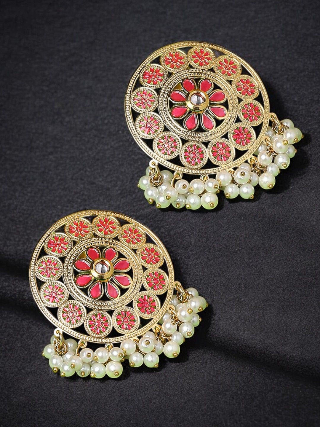 

OOMPH Gold-Plated Meenakari & Kundan Drop Earrings, Pink
