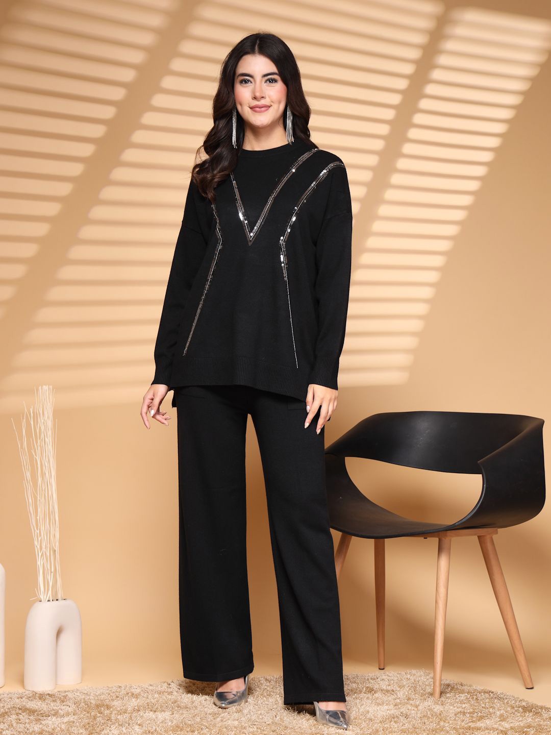 

Mafadeny Embellished Round Neck Long Sleeve Sweater & Trouser, Black