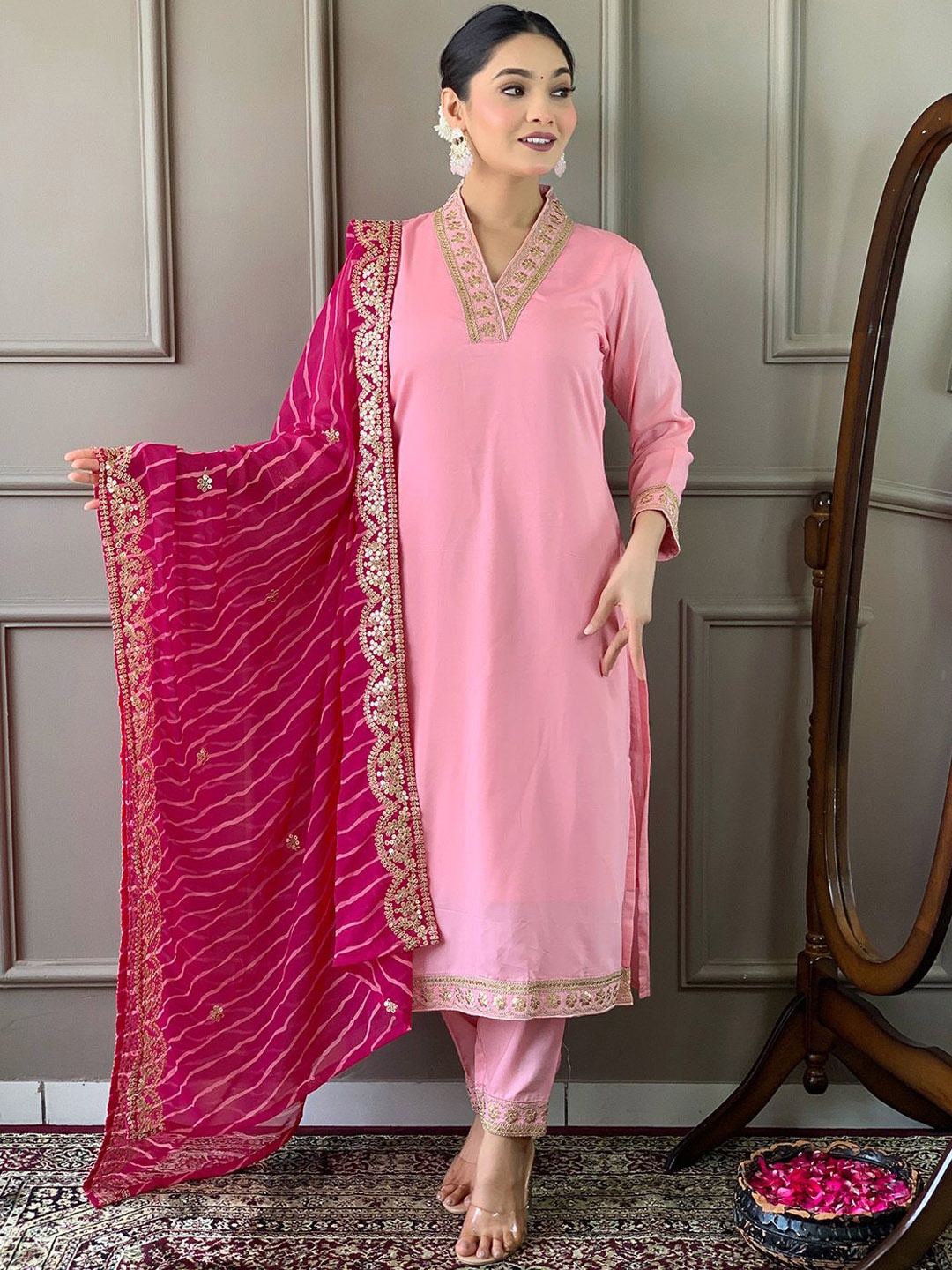 

Ishin Floral Embroidered Thread Work Kurta with Trousers & Dupatta, Pink