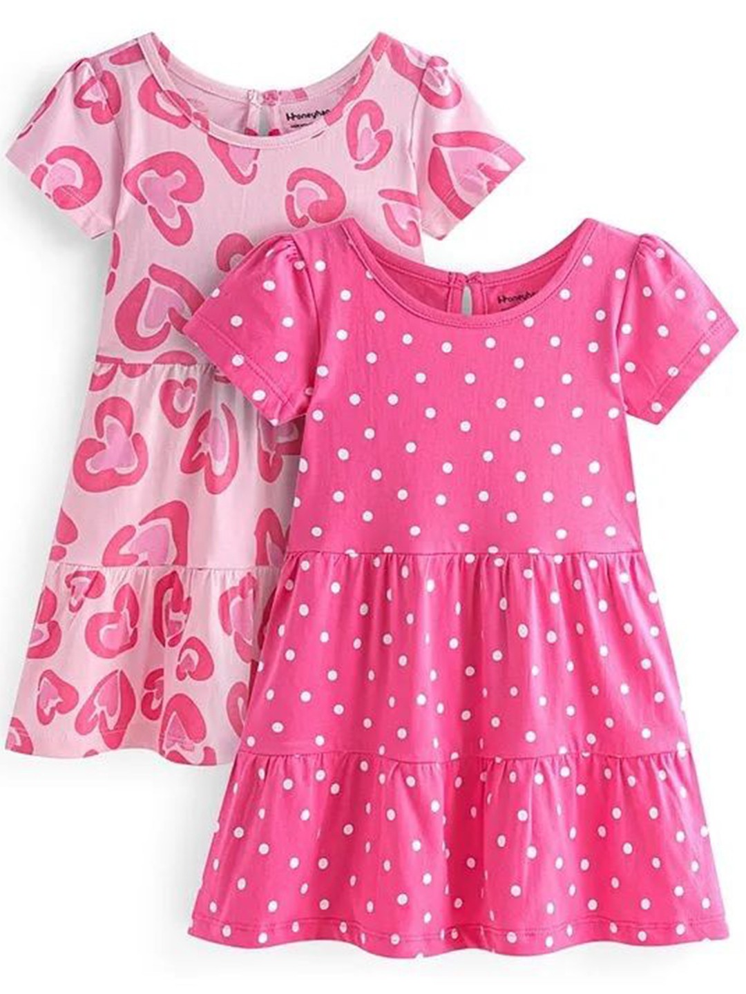 

Honeyhap Girls Pack Of 2 Polka Dot Printed Fit and Flare Dress, Pink
