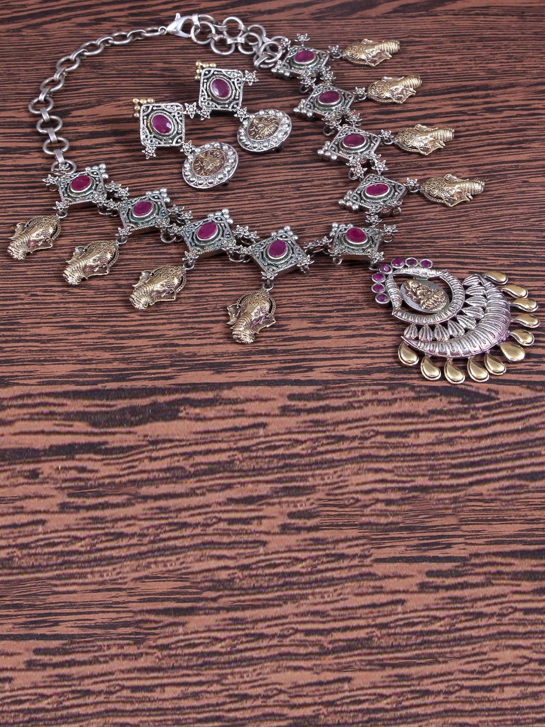 

VIRAASI Silver-Plated Stone-Studded Oxidised Jewellery Set