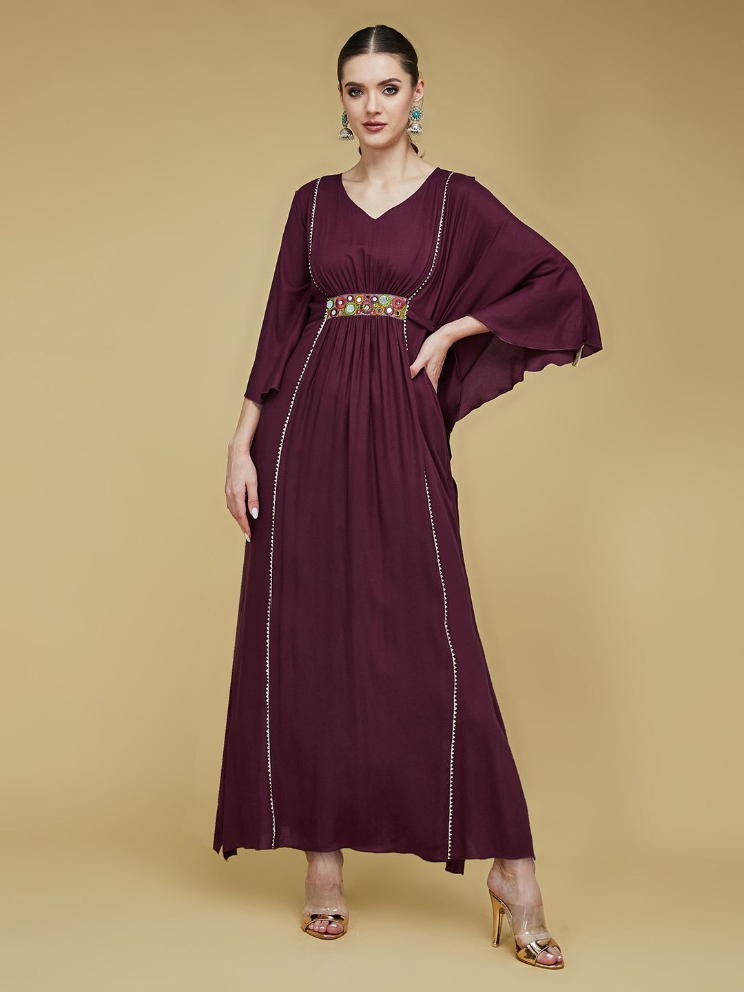 

all about you Women V-Neck Three-Quarter Sleeves Solid Viscose Rayon Maxi Kaftan Dress, Maroon