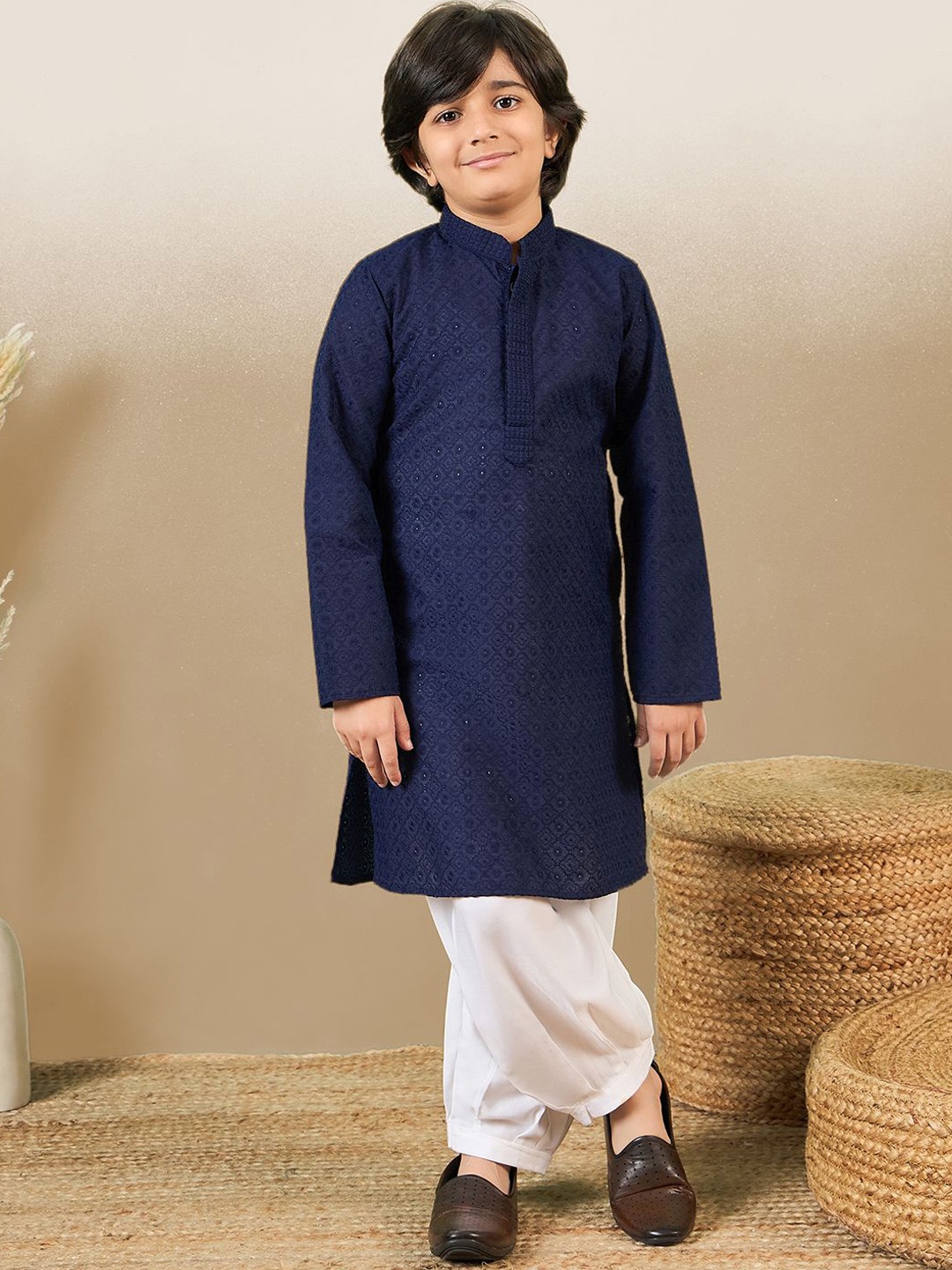 

YK Boys Floral Embroidered Regular Chikankari Kurta with Patiala, Navy blue