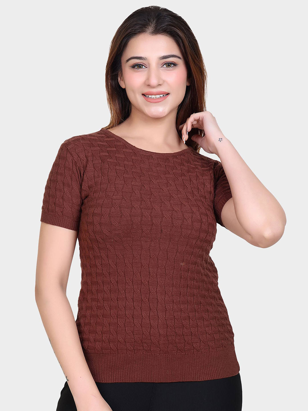 

LEZA Women Self Design Round Neck Cotton Top, Brown
