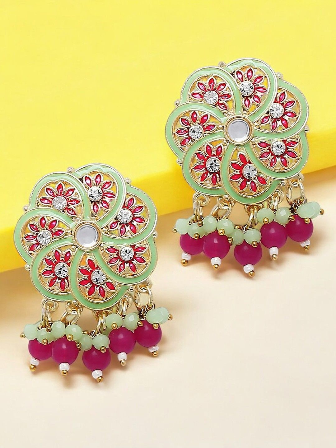 

OOMPH Artificial Stones Studded and Beaded Floral Meenakari Drop Earrings, Pink