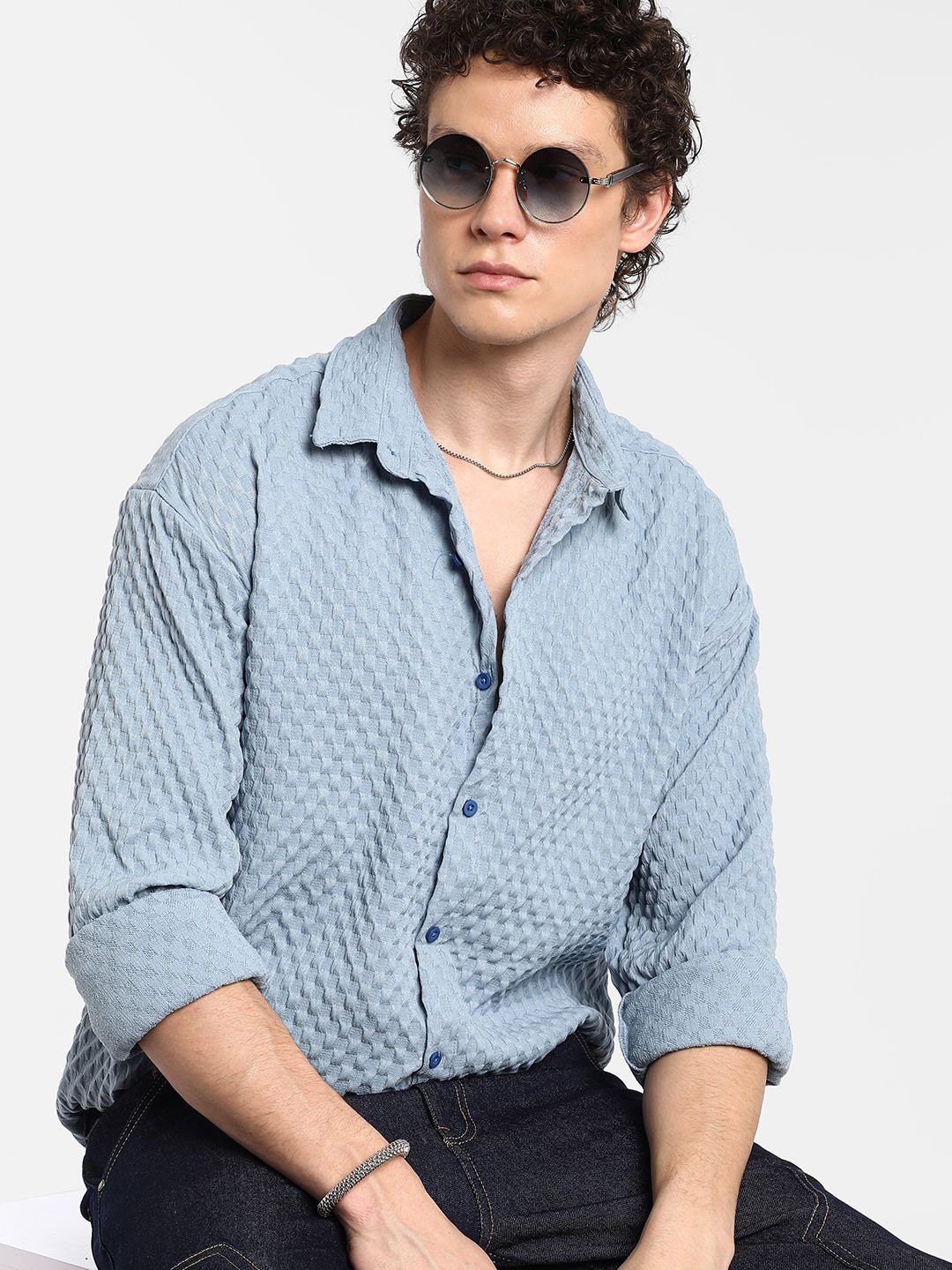 

Campus Sutra Men Comfort Spread Collar Textured Oversized Casual Shirt, Blue