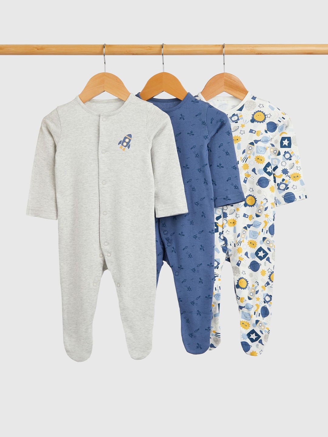 

mothercare Boys Pack of 3 Cotton Printed Sleepsuit, Grey