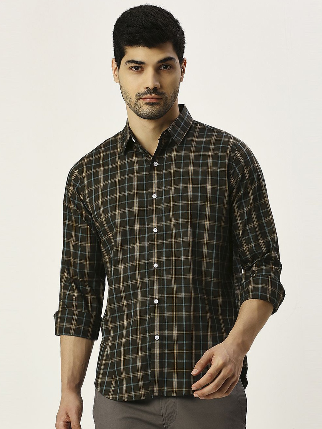 

MARK & ALBERT Men India Slim Spread Collar Checked Cotton Slim Fit Casual Shirt, Green