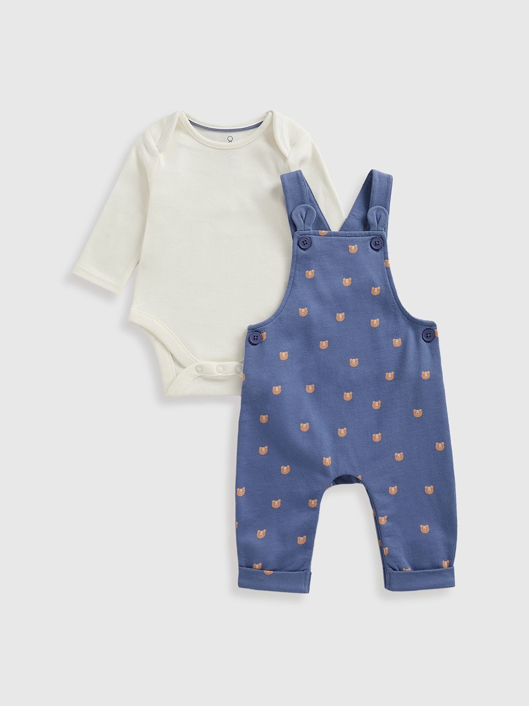 

mothercare Infants Boys Bear Printed Cotton Dungarees With Bodysuit, Blue