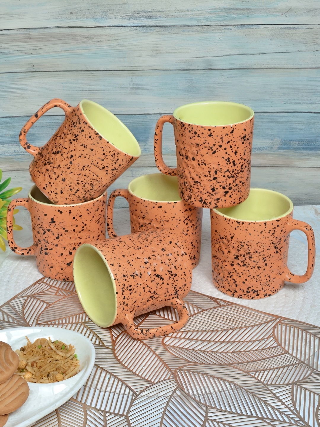 

FABINALIV Orange & Green 6 Pieces Textured Ceramic Matte Mugs 300 ml