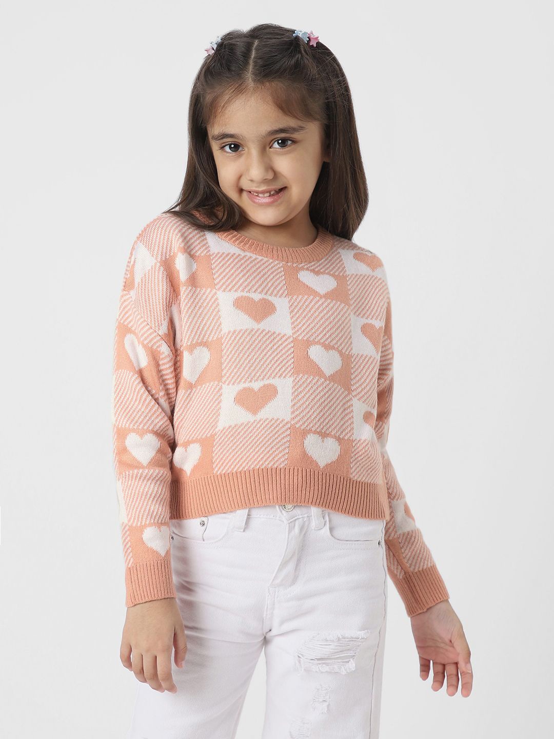 

Nauti Nati Girls Conversational Printed Round Neck Sweater, Peach