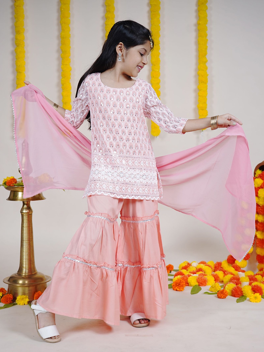 

KiddoPanti Girls Floral Embroidered Sequinned Kurta with Sharara & Dupatta, Pink