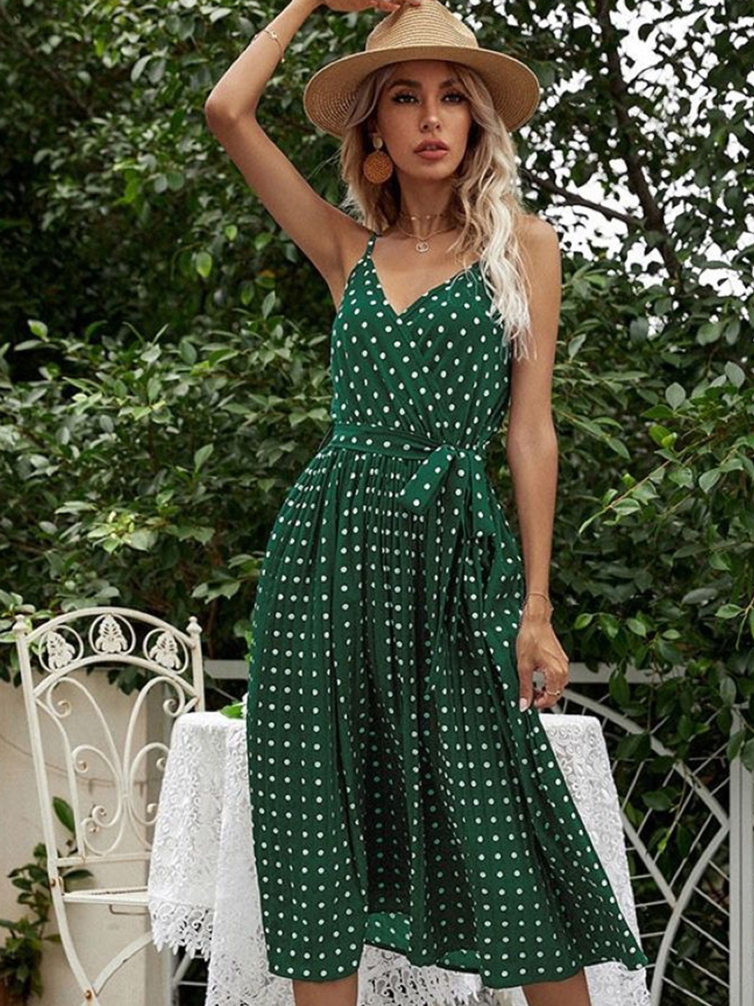 

StyleCast Polka Dot Printed Shoulder Straps Wrap Midi Dress, Green