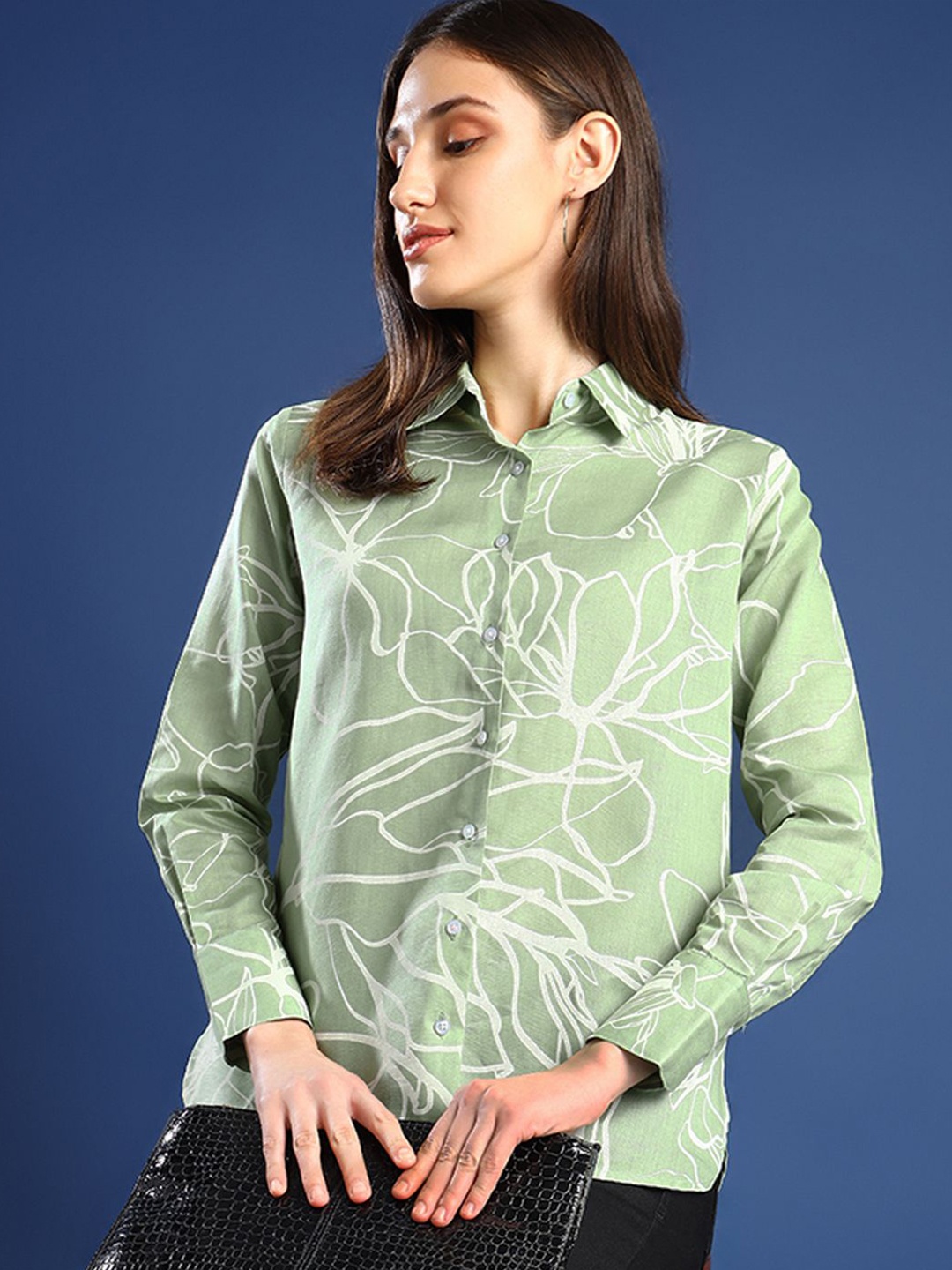 

Hancock Women Boyfriend Fit Abstract Printed Linen Formal Shirt, Green