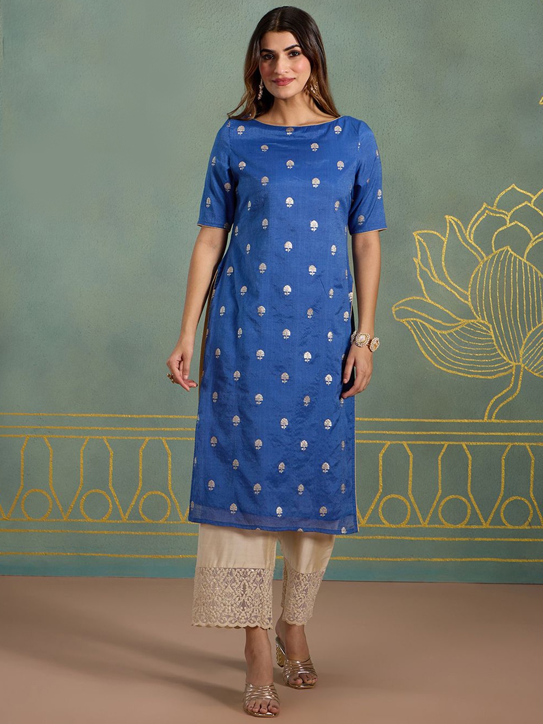 

Likha Floral Printed Chanderi Cotton Straight Kurta, Blue