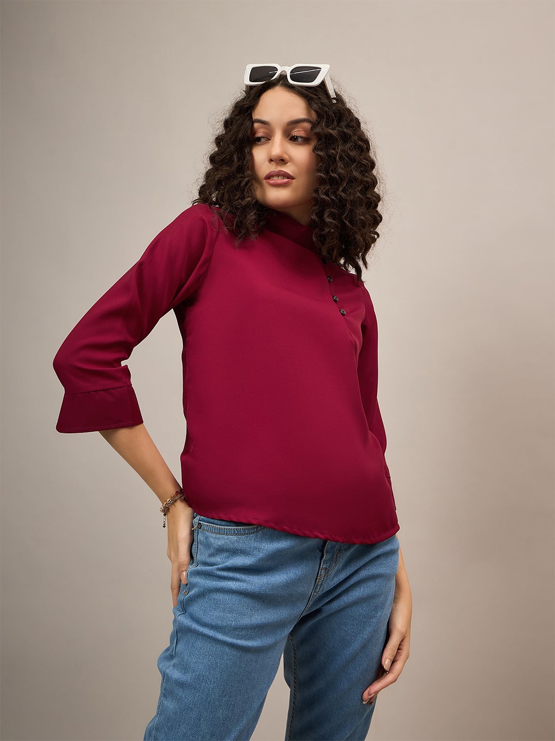 

The Roadster Lifestyle Co. Women Solid High Neck Top, Maroon