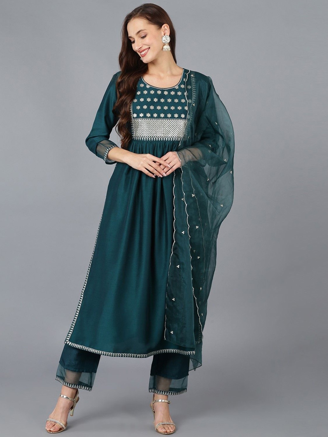 

KALINI Floral Embroidered Pleated Sequinned Straight Kurta with Trousers & Dupatta, Teal