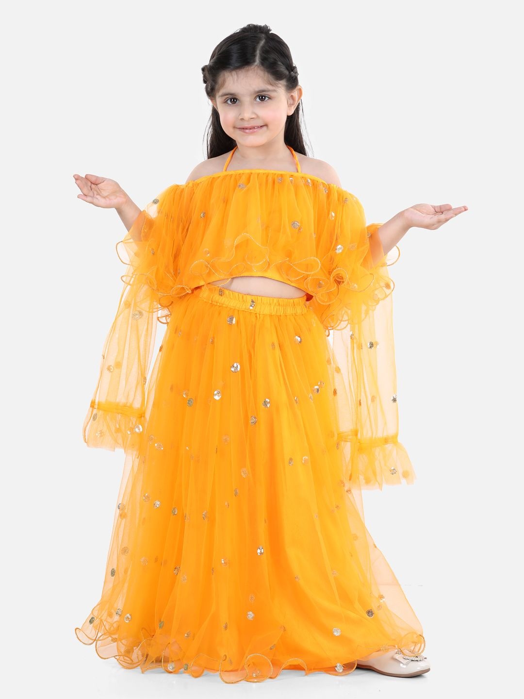 

BownBee Girls Embellished Ready to Wear Lehenga & Blouse With Dupatta, Yellow