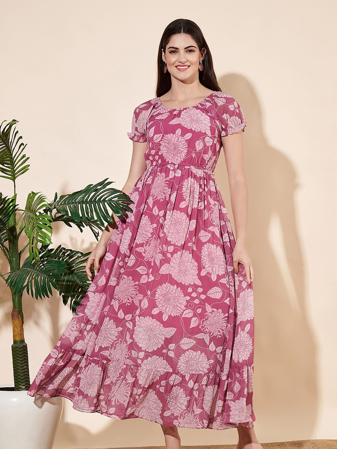 

Fbella Floral Printed Georgette Maxi Dress, Pink