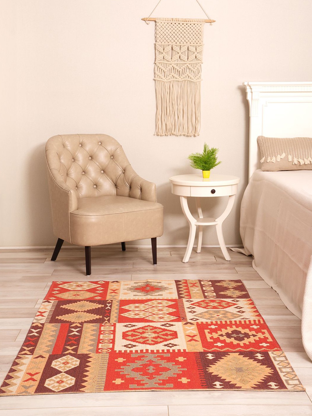 

BLANC9 Beige & Red Geometric Printed Cotton Carpet